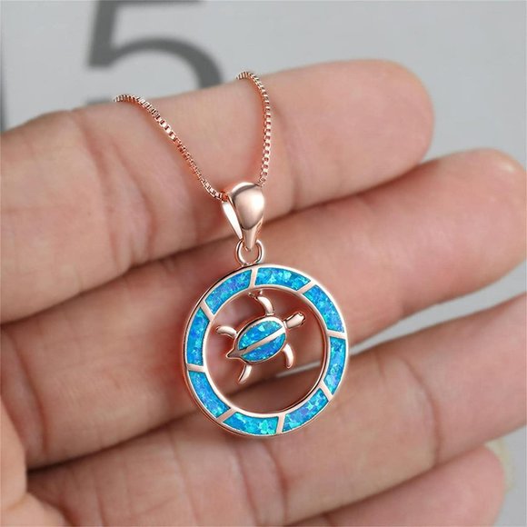 Blue Opal Sea Turtle Circle Rose Gold Necklace - Picture 5 of 7